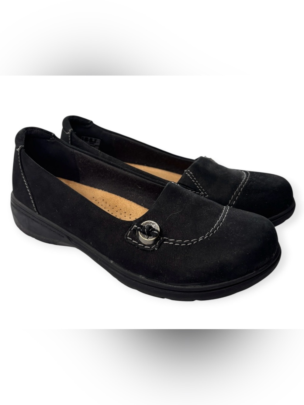 Clarks Carleigh Lulin Size 7.5 W Loafers Slip On Flats Black Nubuck Leather NEW!